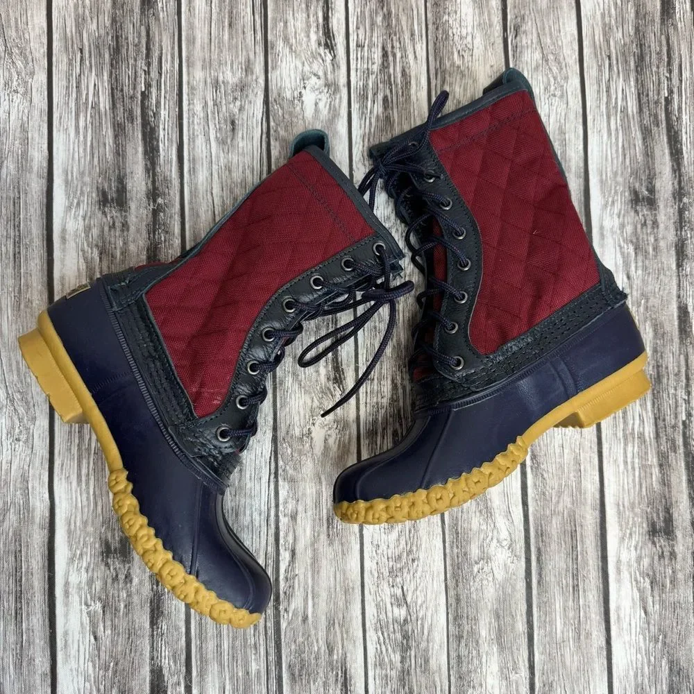 Women's LL Bean Explore the Maine Quilted Duck Boots 6 Navy Burgundy Tan